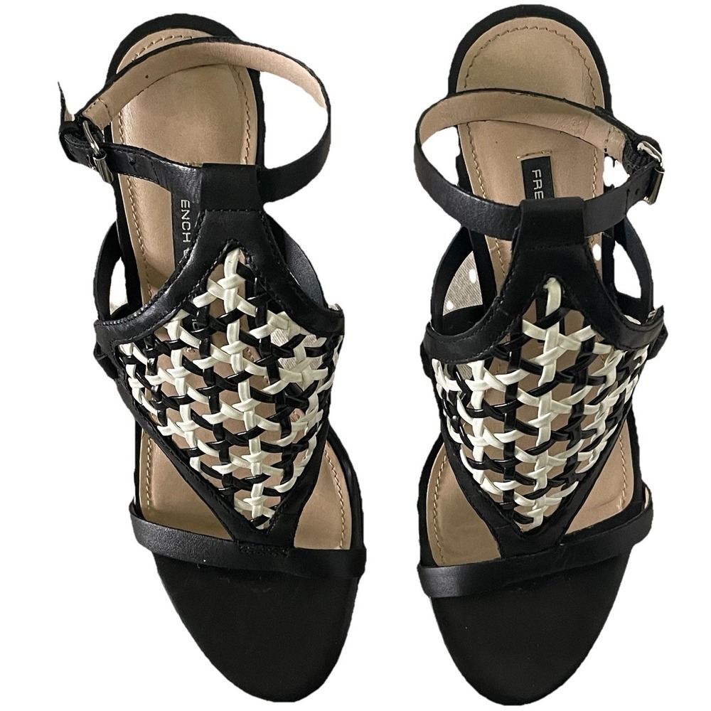 French Connection Linny Ankle Strap Sandals Black White Stiletto Heel 3.75